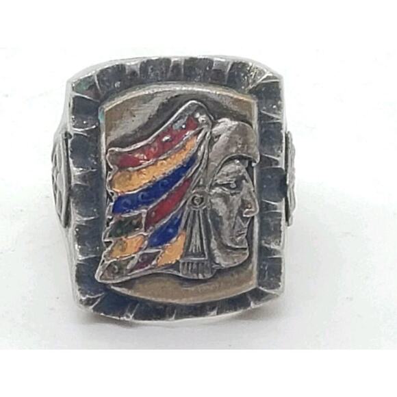 Vintage Biker Ring 40s 50s Enameled Indian Chief Mayan Aztec Mexico Sz 11.5 - Picture 1 of 7